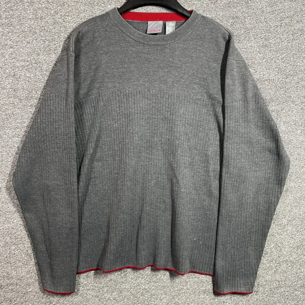 Quiksilver Sweater Mens L Vintage Ribbed Crewneck Gray Red Trim